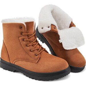 Women’s Brown Warm Fur Lined Ankle Booties Lace Up Slip-On Outdoor Boots